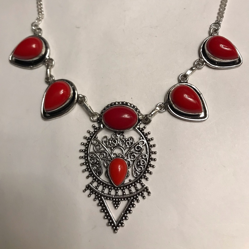 Red Coral Stamped Solid 925 Sterling Silver Necklace